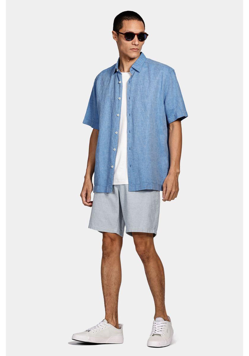 Camisa Aramis Manga Curta Regular Ampla Linho Algodão Azul - 2