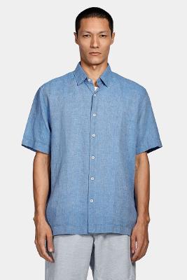 Camisa Aramis Manga Curta Regular Ampla Linho Algodão Azul