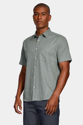 Camisa Manga Curta Cosmo Regular Algodão Micro Xadrez Damero Com Bolso Verde Com Azul