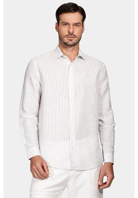 Camisa Aramis Manga Longa Regular Linho Branco Com Azul