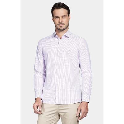 Camisa Regular Tricoline Xadrez Misto Branco Com Rosa