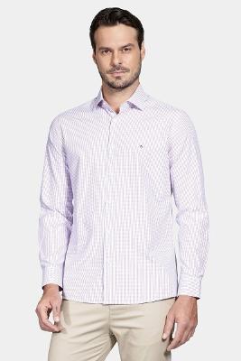 Camisa Regular Tricoline Xadrez Misto Branco Com Rosa