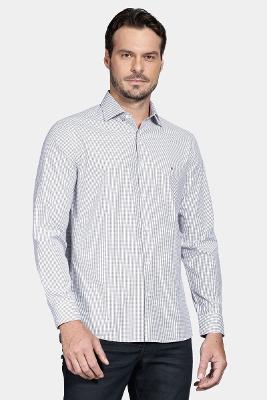 Camisa Regular Tricoline Xadrez Misto Branco Com  Preto