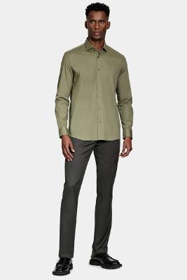 Camisa Manga Longa Slim em Tricoline Stretch Liso Verde Folha