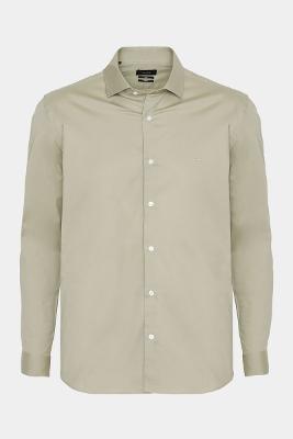 Camisa Manga Longa Slim em Tricoline Stretch Liso Caqui
