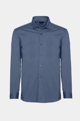 Camisa Manga Longa Slim em Tricoline Stretch Liso Azul Jeans