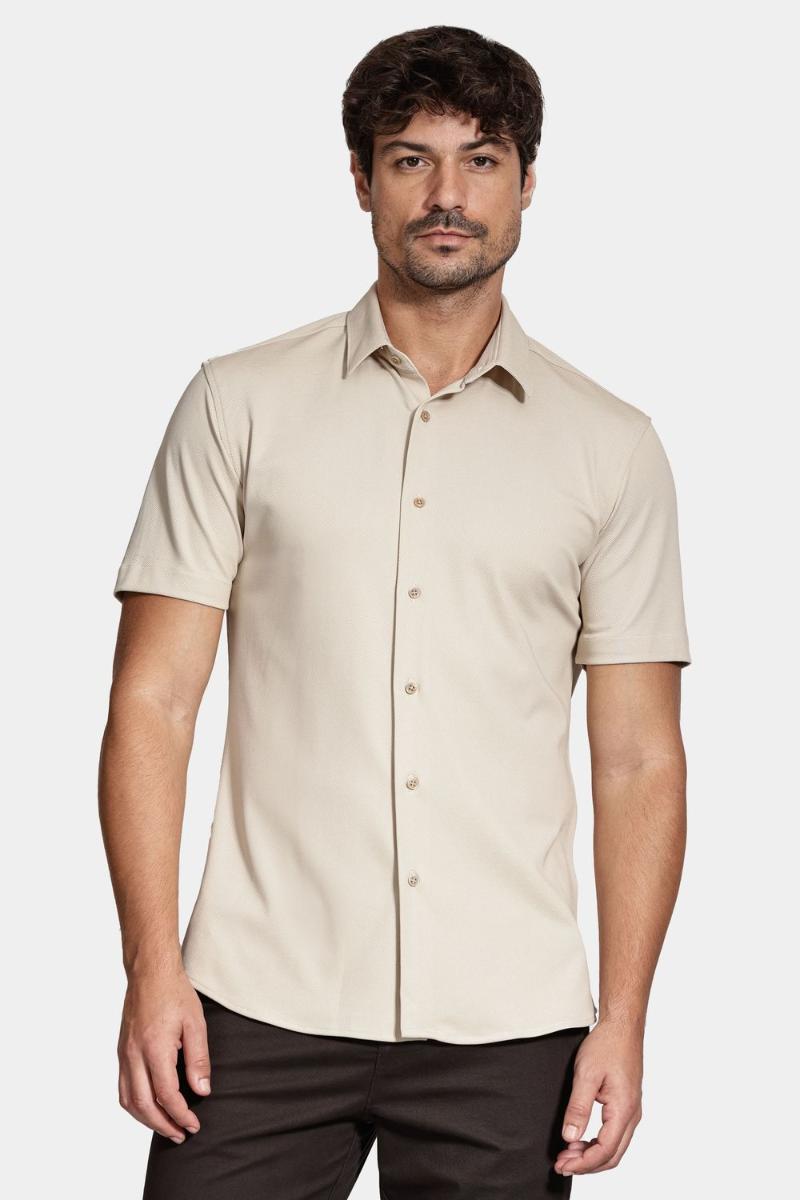 Camisa Aramis Manga Curta Slim Malha Mista Italiana Caqui - 1
