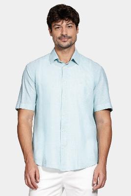 Camisa Manga Curta Regular Linho Algodão Azul Piscina