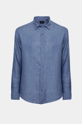 Camisa Aramis Manga Longa Slim em Linho Azul Jeans