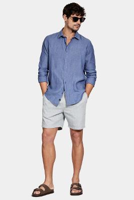 Camisa Aramis Manga Longa Slim em Linho Azul Jeans