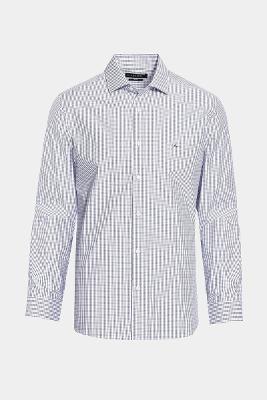 Camisa Regular Tricoline Xadrez Misto Branco Com Azul Escuro