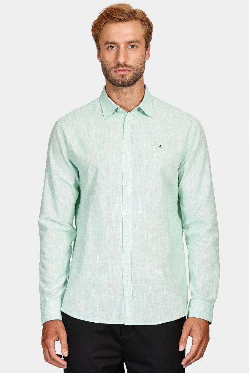 Camisa Slim de Algodão e Linho Verde Claro - 1