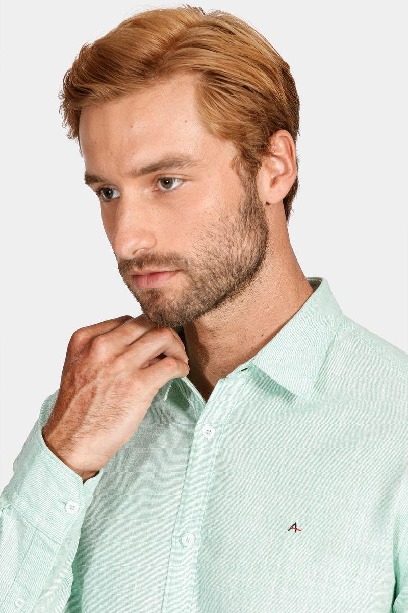 Camisa Slim de Algodão e Linho Verde Claro - 3