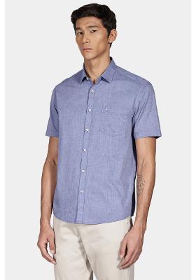 Camisa Manga Curta Cosmo Regular Fil a Fil Antilia Com Bolso Azul Escuro