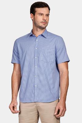 Camisa Manga Curta Cosmo Regular Algodão Micro Xadrez Damero Com Bolso Azul Celeste