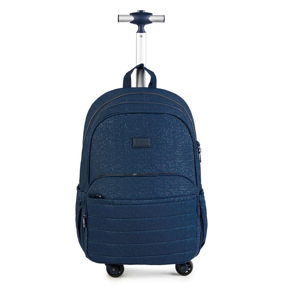 Mochila Escolar Juvenil Feminina com 4 Rodinhas Crinkle Glitter Azul Escuro - 1