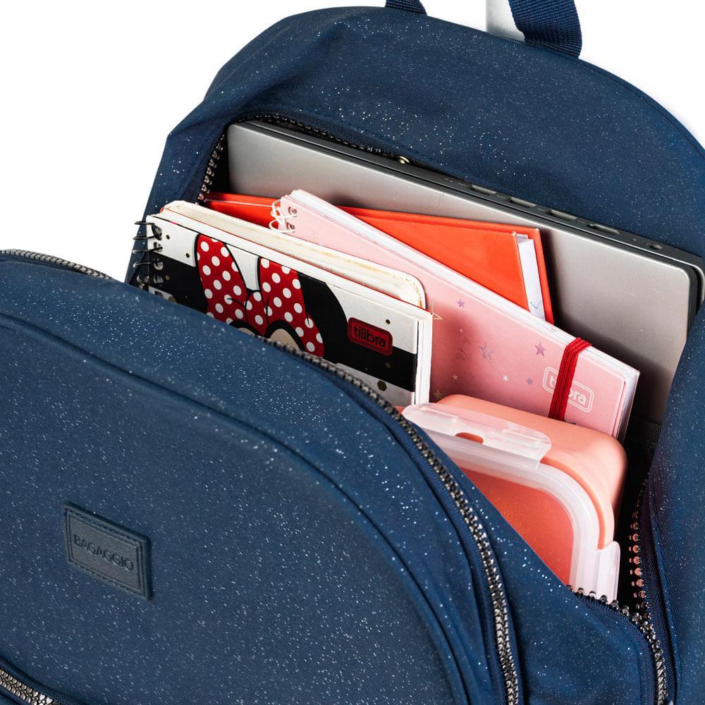 Mochila Escolar Juvenil Feminina com 4 Rodinhas Crinkle Glitter Azul Escuro - 9