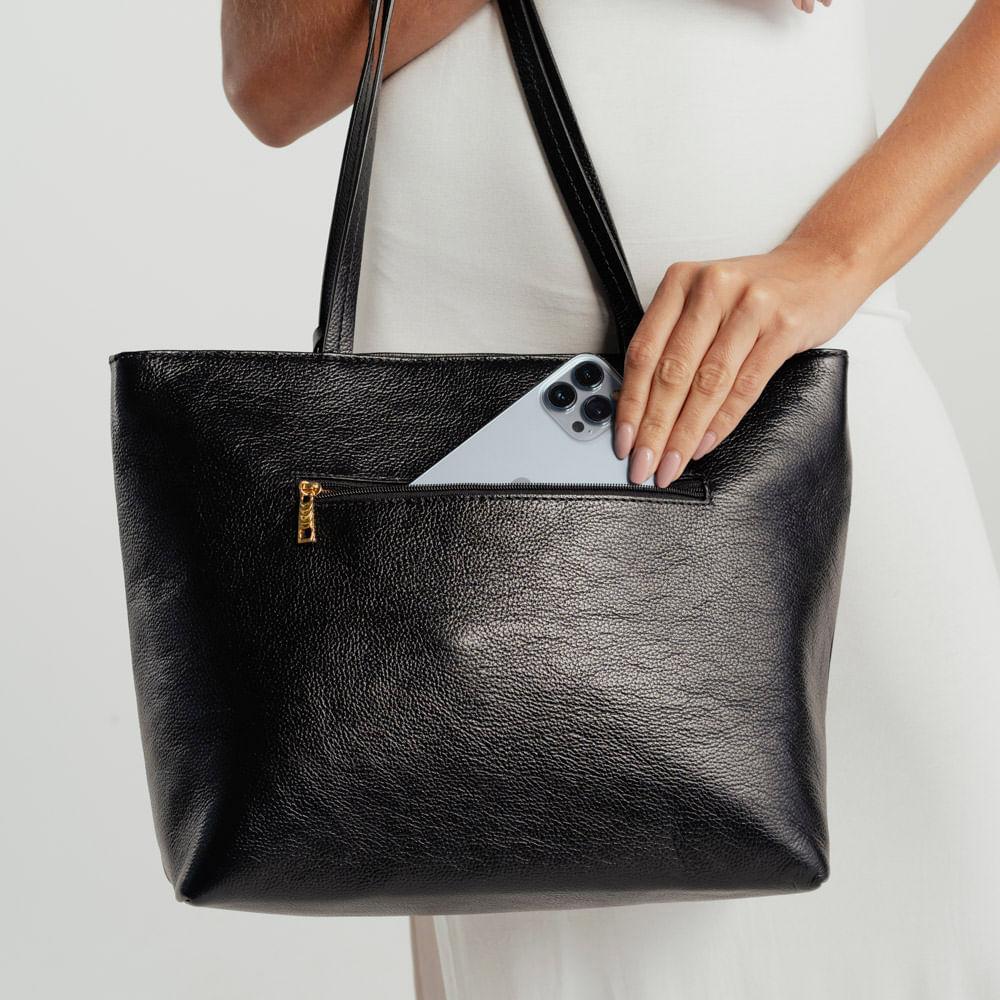 Bolsa de Ombro Feminina de Grande Tote Couro Basic Preta - 7