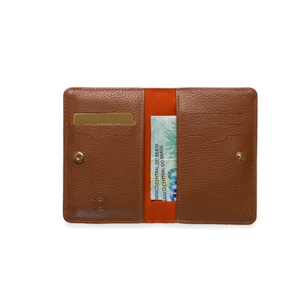 Carteira Slim em Couro Feminina com Fecho em Botão Pequena RFID Caramelo - 4