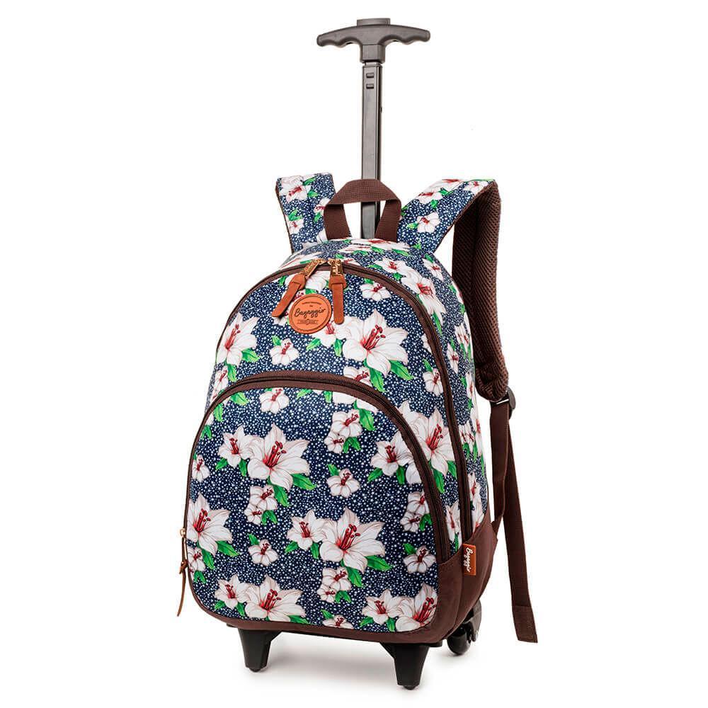 Mochila Escolar Feminina Floral Camelia com Rodinha Azul Escura - 1