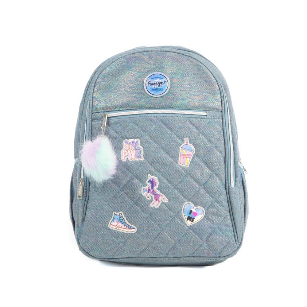 Mochila Escolar Feminina Matelasse Jeans Patches Azul - 1