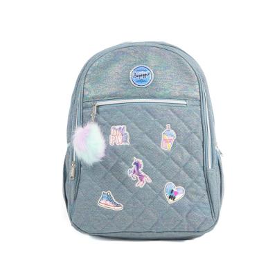 Mochila Escolar Feminina Matelasse Jeans Patches Azul