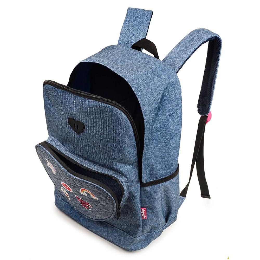 Mochila Escolar Feminina Jeans Carinhas Azul - 2