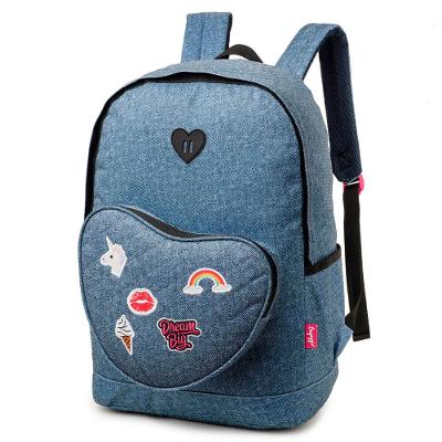 Mochila Escolar Feminina Jeans Carinhas Azul