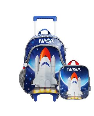 Kit Mochila de Rodinhas e Lancheira Escolar Masculina Térmica Foguete Nasa Azul Escuro
