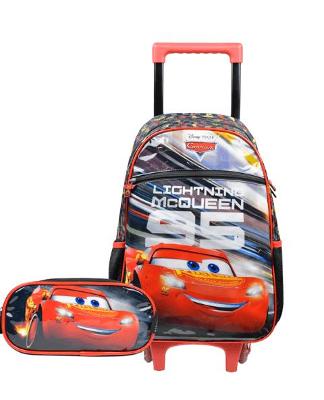 Kit Mochila de Rodinha Infantil e Estojo Escolar Masculino Carros Vermelho