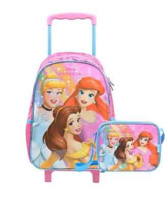 Kit Mochila de Rodinha e Lancheira Térmica Infantil Feminina Princesas Rosa