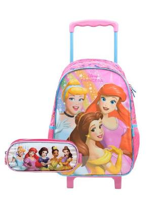 Kit Mochila de Rodinha e Estojo Escolar Feminino Pequeno Princesas Rosa