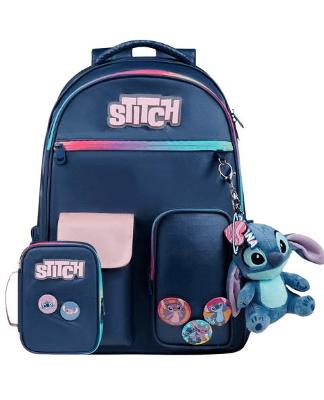 Kit Mochila Escolar Feminina Stitch e Estojo Box Stitch Azul