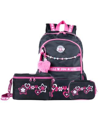 Kit Mochila Escolar, Lancheira Térmica, Estojo BG Joy Preto