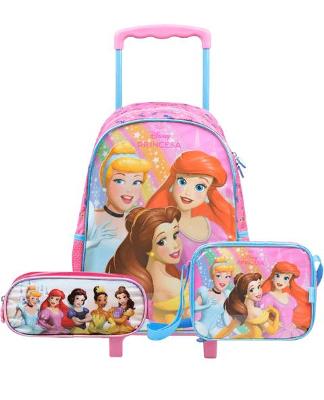 Kit Mochila de Rodinha, Lancheira e Estojo Princesas Rosa