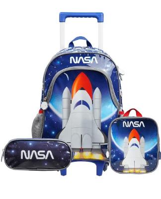 Kit Mochila de Rodinhas, Lancheira e Estojo Foguete Nasa