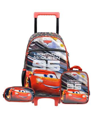 Kit Mochila de Rodinha, Estojo e Lancheira Térmica Carros