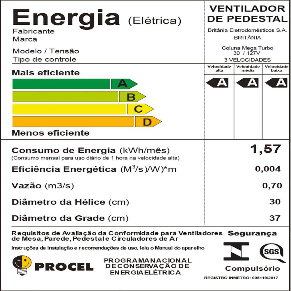 Ventilador de Coluna Britânia Mega Turbo 30 Six 75W - 6