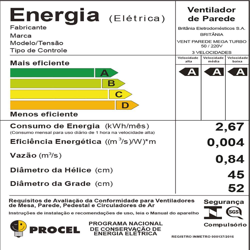 Ventilador de Parede Britânia Mega Turbo 50 Six 135W - 3
