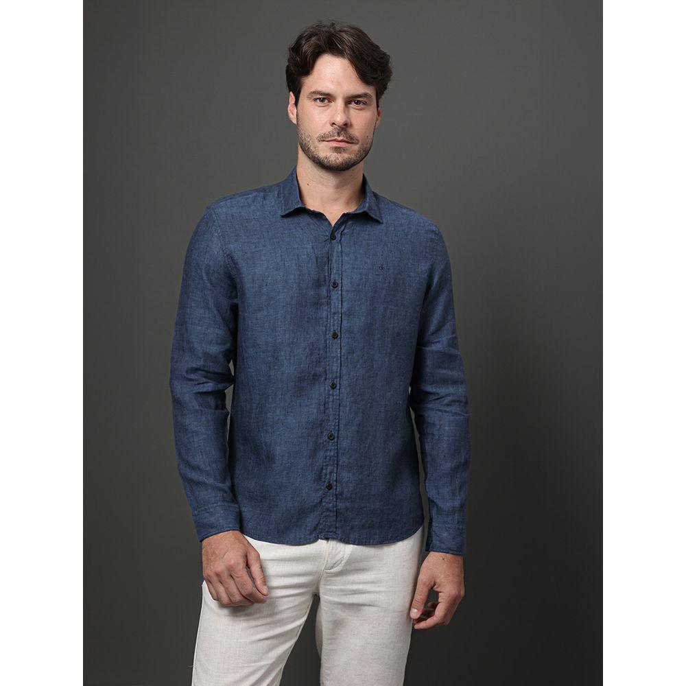 Camisa de Manga Longa Masculina em Linho Calvin Klein - Azul Marinho - 1