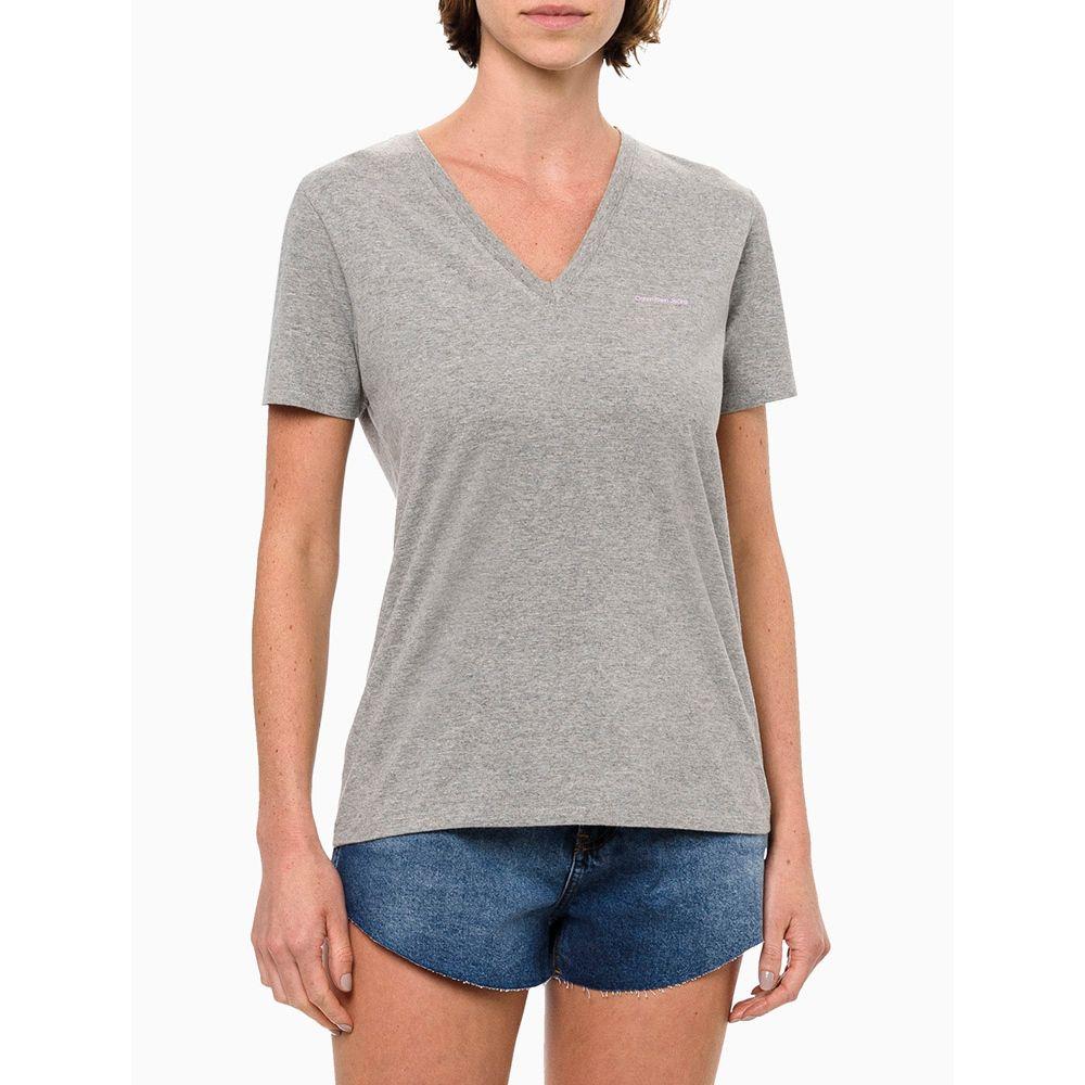 Camiseta Feminina Decote v Slim Logo No Peito Calvin Klein Jeans - Cinza - 1
