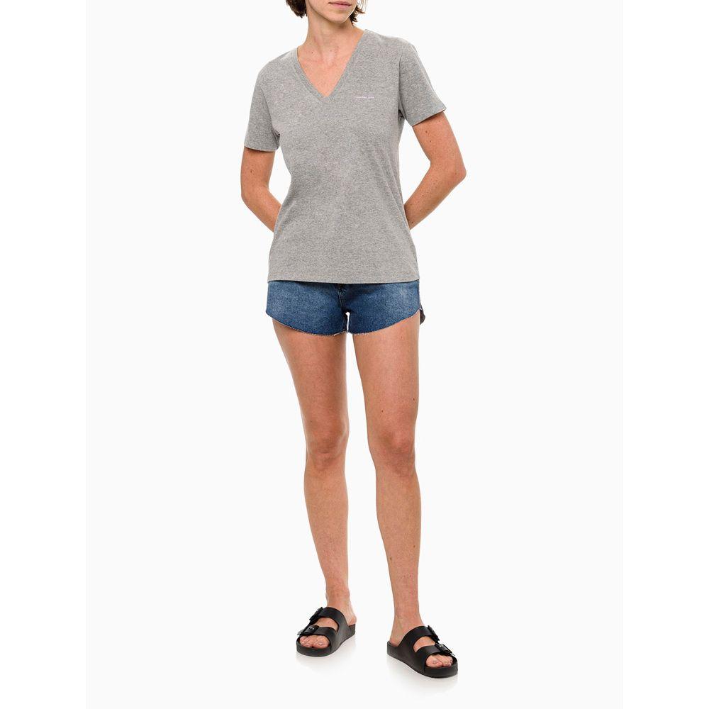 Camiseta Feminina Decote v Slim Logo No Peito Calvin Klein Jeans - Cinza - 2