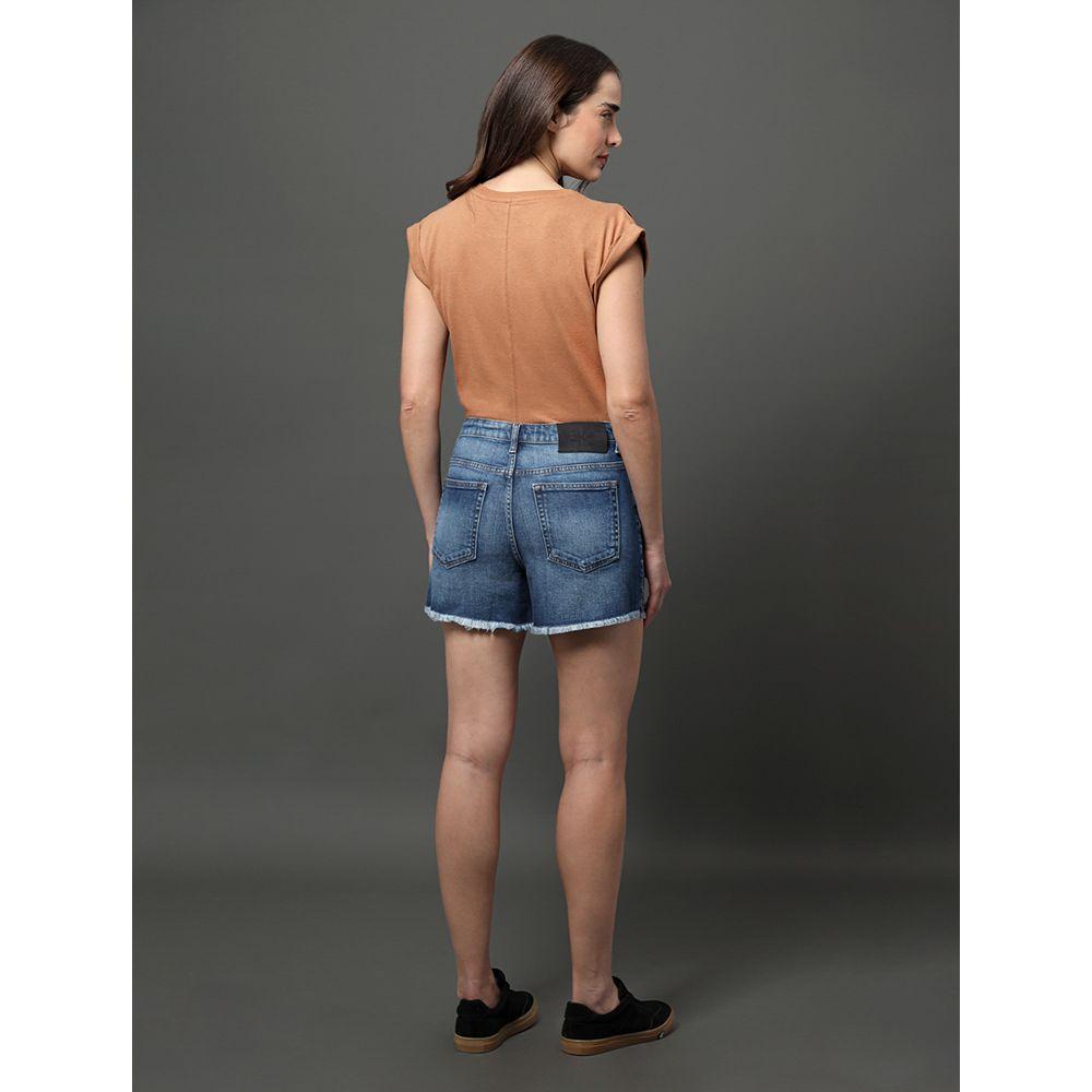 Shorts Jeans Feminino Barra Desfiada Calvin Klein Jeans - Azul Médio - 2