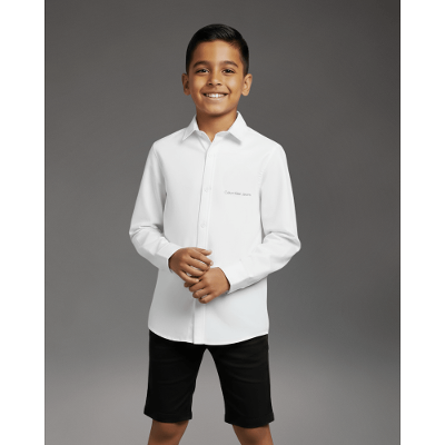 Camisa de Manga Longa Masculina Infantil Básica Estampa Assinatura Ckj Calvin Klein Jeans - Branco