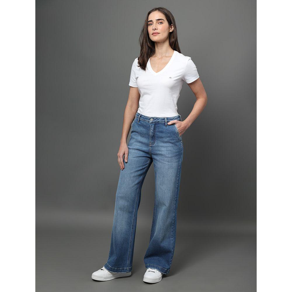 Calça Jeans Feminina Wide Leg Bolso Faca Calvin Klein - Azul Médio - 3