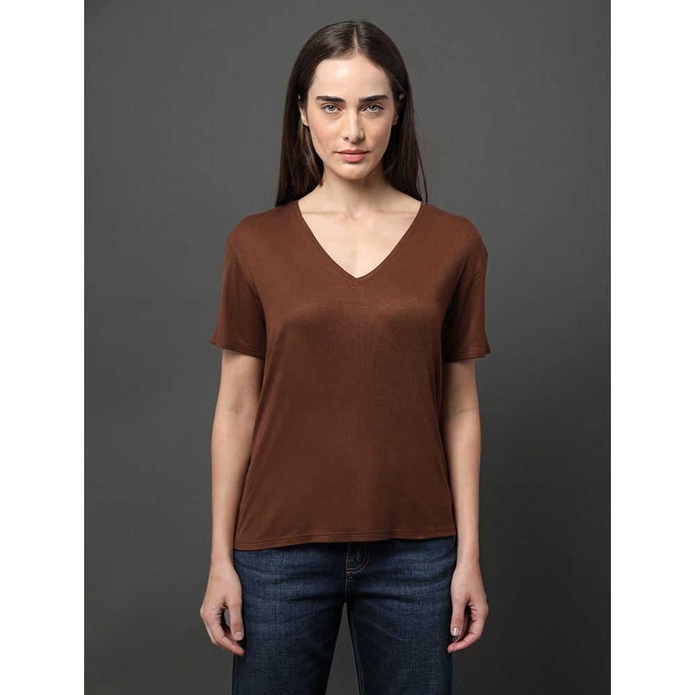 Camiseta Feminina Decote v Calvin Klein Jeans - Marrom - 1