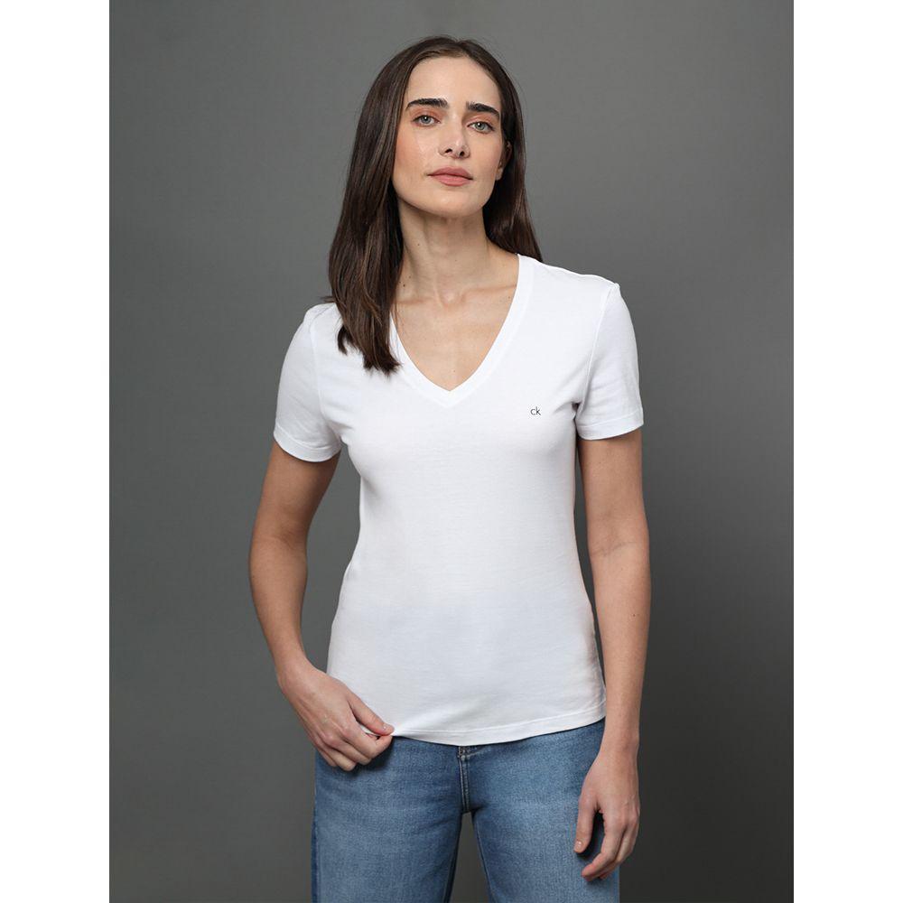 Camiseta Feminina Lisa Decote v Recorte Lateral Calvin Klein - Branco - 1