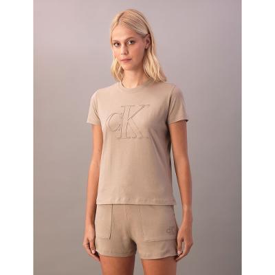 Camiseta Feminina Manga Curta Meia Malha - Caqui Medio