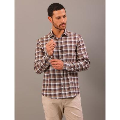 Camisa Manga Longa Slim Sarja Leve Xadrez - Marrom