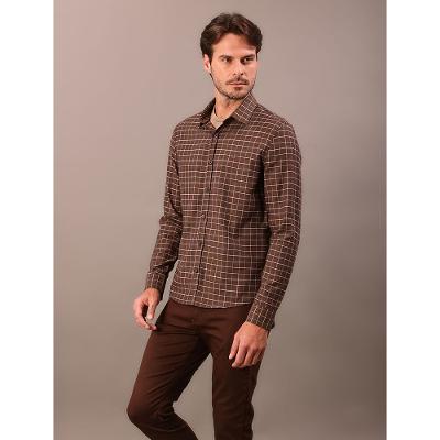 Camisa Manga Longa Masculino Slim Check - Marrom
